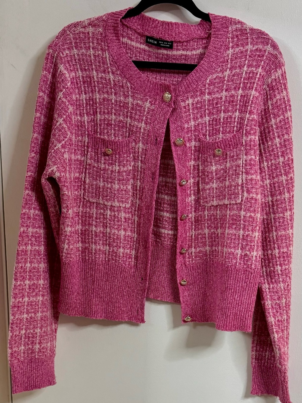 SHEIN Pink Tweed-Patterned Button Cardigan
